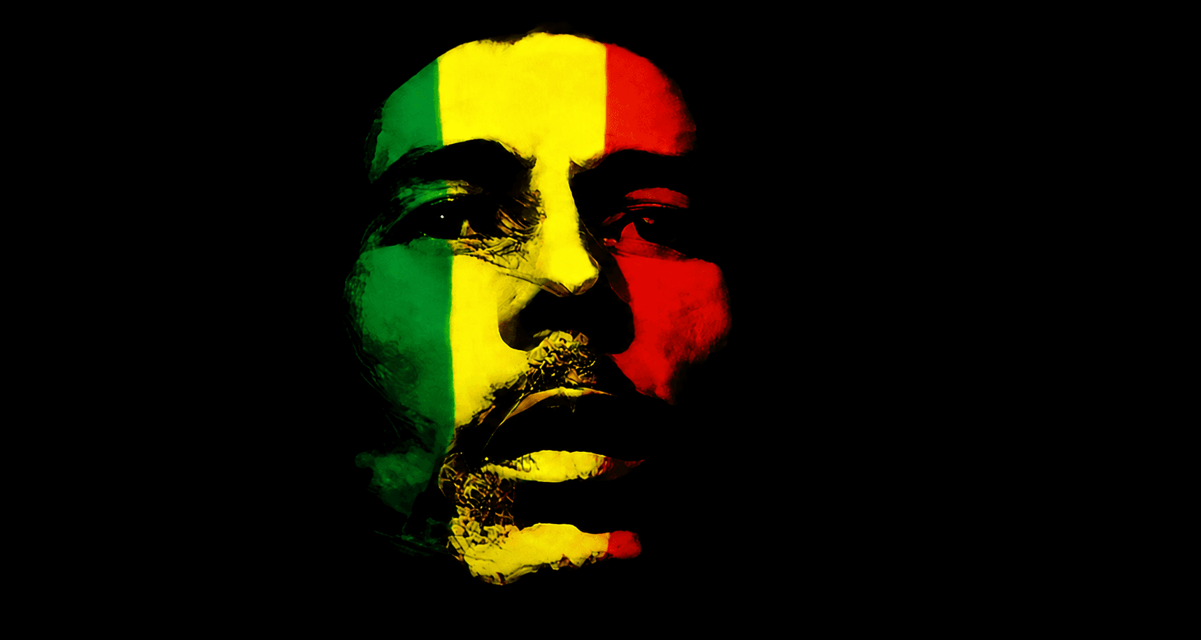 Bob Marley portrait rendered in green, gold and red against a black background.