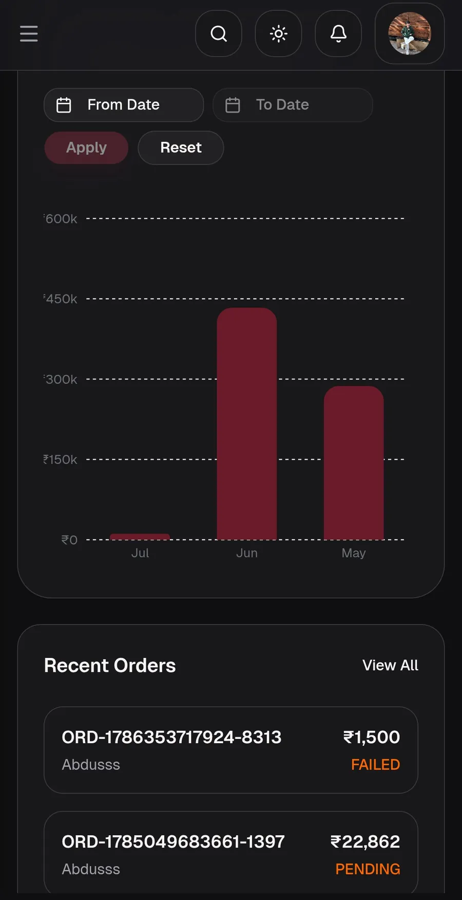 Gemora admin dashboard revenue chart and recent orders in dark mode