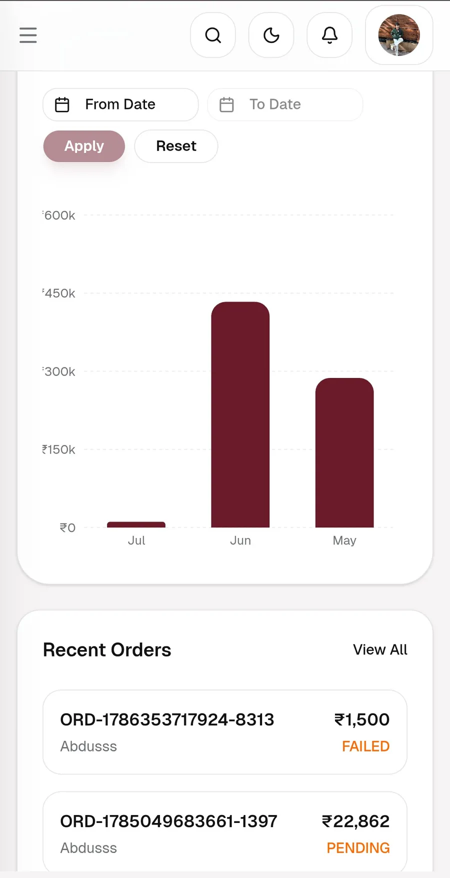 Gemora admin dashboard revenue chart and recent orders in light mode