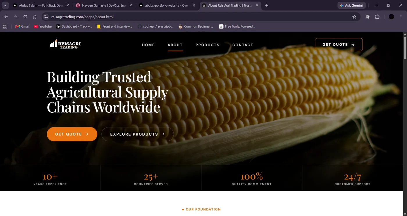 REISAGRI Trading about page showing the agricultural supply chain hero section