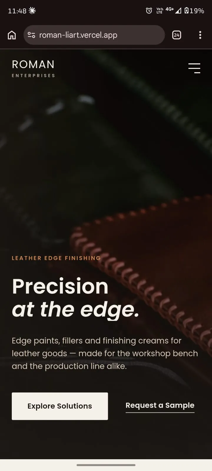 Roman Enterprises homepage showing the leather edge finishing hero section